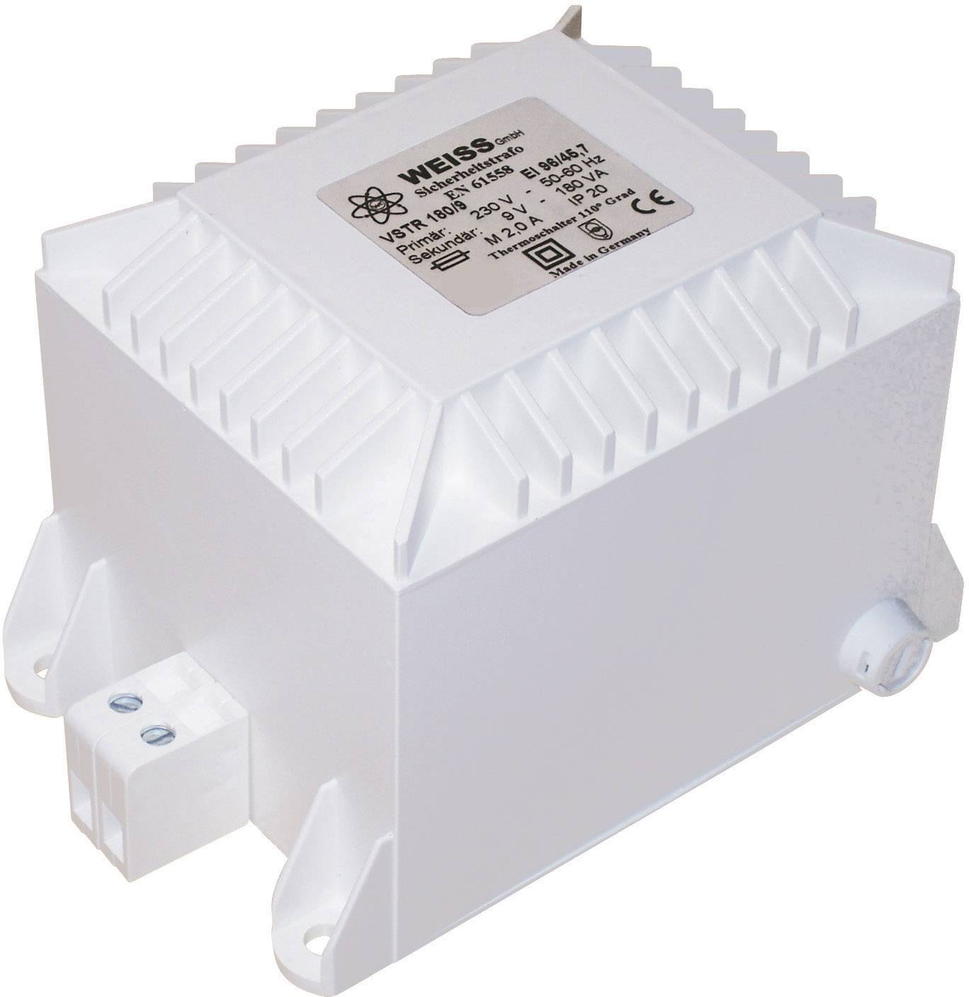Ein weißer elektrischer Transformator mit den Marken 'WEISS', spezifiziert für 230 V, 50 Hz. Enthält CE-Kennzeichnung und techn. Daten.