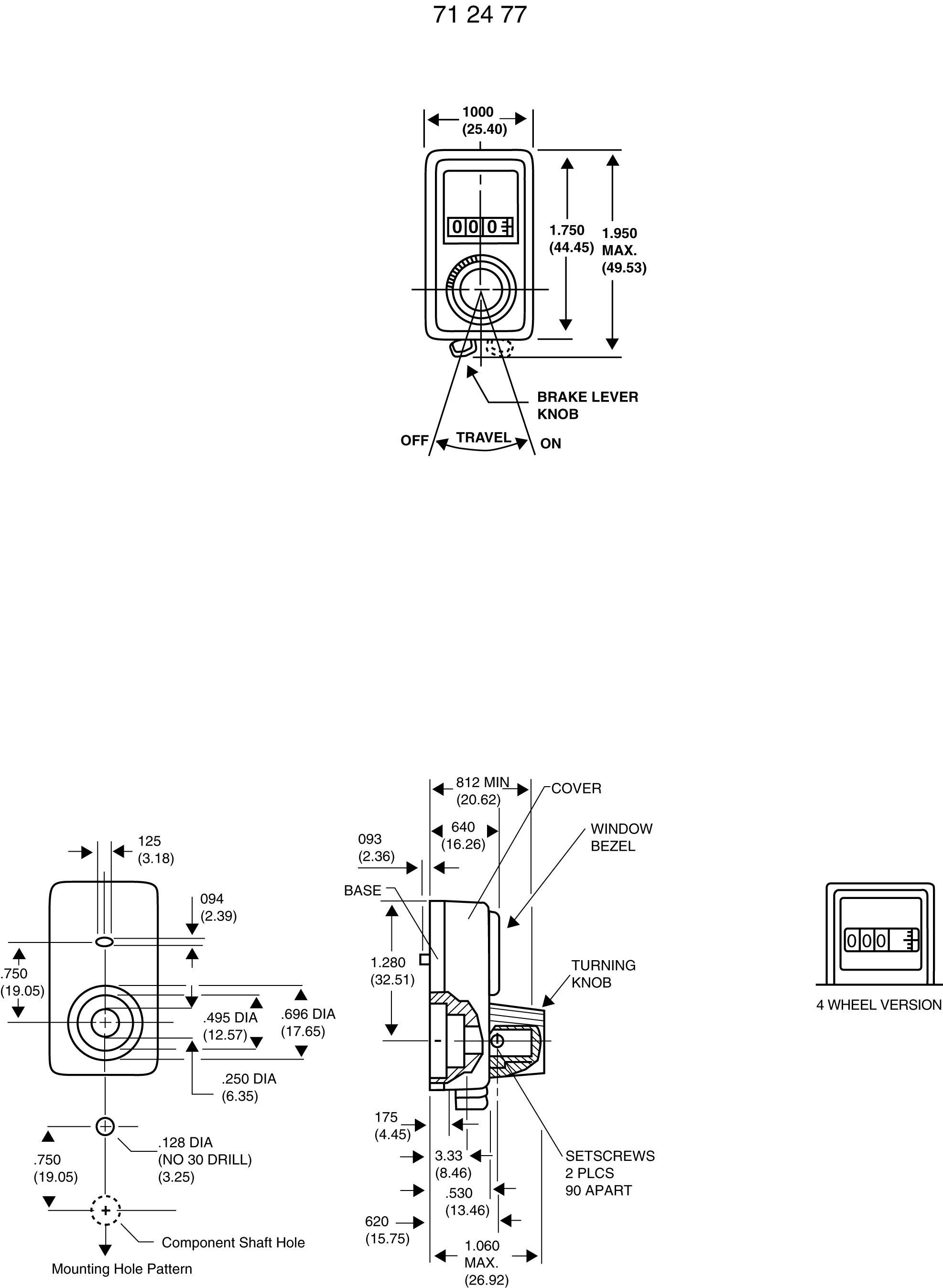 Technische Zeichnung eines mechanischen Zählers mit verschiedenen Ansichten und Maßen. Zeigt Bremshebel, Drehknopf und Montageposition.