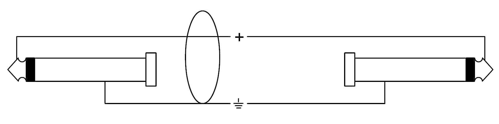 Schaltplan einer einfach Polaritätskontrolle mit zwei Elektroden, einer mittleren Spule, plus und minus Anschlüssen und einer Erdungslinie.