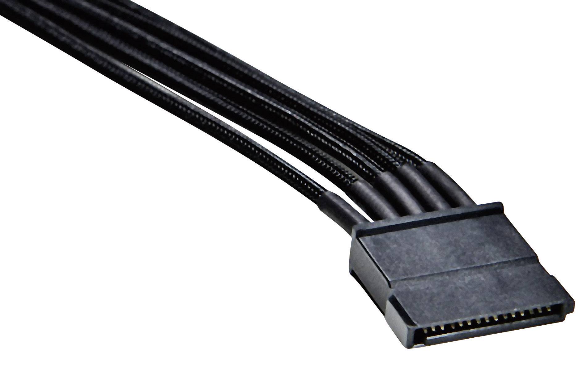 Ein schwarzer SATA-Stromkabelstecker mit mehreren Drähten wird gezeigt. Er dient zur Stromversorgung von Festplatten und SSDs in Computern.