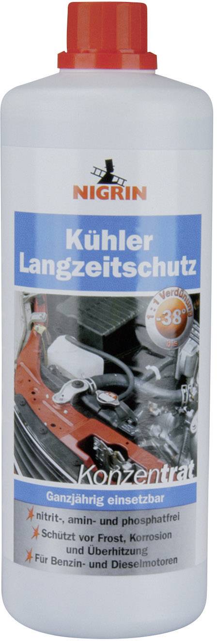Flasche mit Nigrin Kühler Langzeitschutz. Schützt vor Frost, Korrosion und Überhitzung. Geeignet für Benzin- und Dieselmotoren.