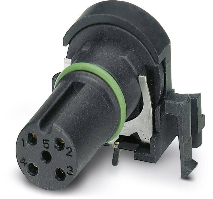 Ein schwarzer Steckverbinder mit fünf nummerierten Löchern und grüner Dichtung, möglicherweise für elektrische Verbindungen geeignet.