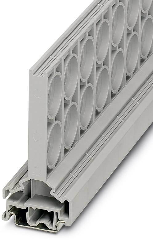 Graues Kunststoff-Bauelement mit rechteckigen Strukturmustern, möglicherweise ein technisches Profil oder ein Baukomponentenstück.