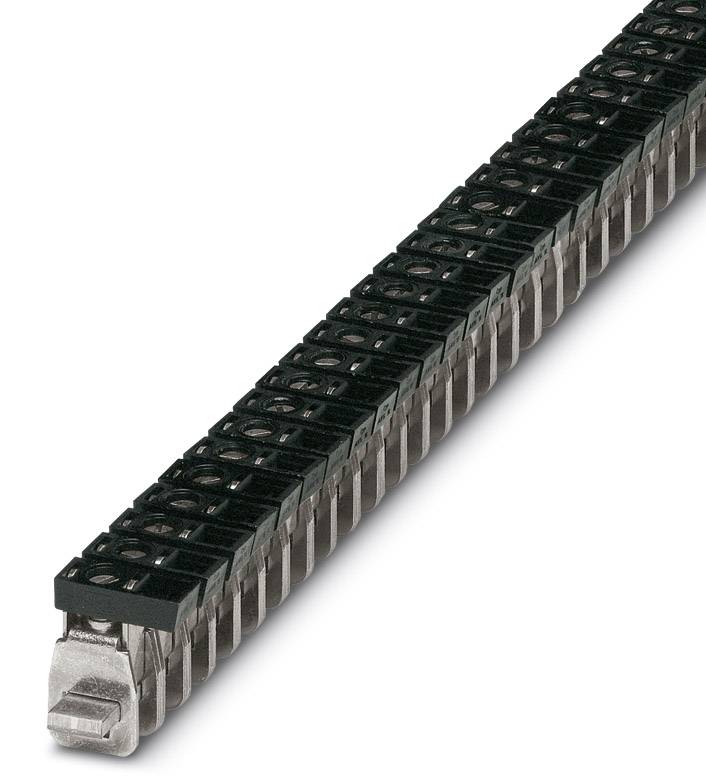 Schwarze Reihenklemme mit zahlreichen Anschlüssen für elektrische Verdrahtung, Metall- und Kunststoffmaterialien sichtbar.