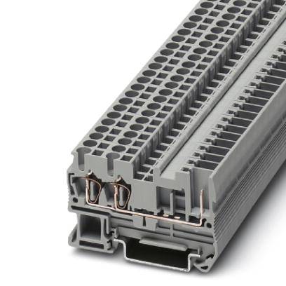 Graues elektrisches Klemmengehäuse mit gestapelten Schienen und Kontaktpunkten, geeignet für Schaltschrankinstallationen.