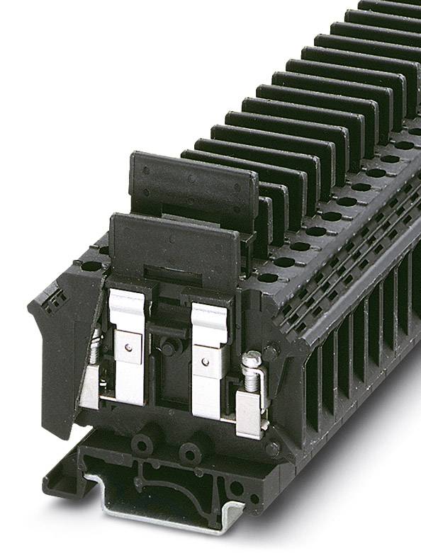 Eine schwarze Reihenklemme mit mehreren Ebenen, die für das Verdrahten elektrischer Schaltkreise verwendet wird.