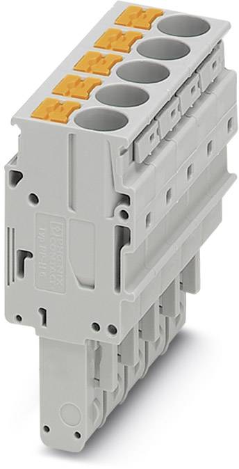 Steckklemmleiste in Grau mit fünf orangenen Klemmplätzen. Verwendet für elektrische Verbindungen. Seitenansicht zeigt Details der Struktur.