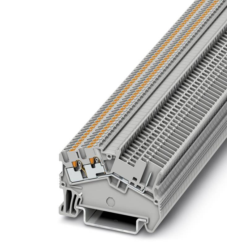 Ein grauer, rechteckiger elektrischer Steckverbinder mit orangefarbenen Kontakten, geeignet für industrielle Anwendungen, auf weißem Hintergrund.