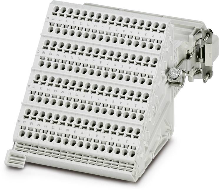 Ein grauer elektrischer Reihenklemmenblock mit mehreren Reihen von nummerierten Anschlussklemmen zur Verdrahtung.