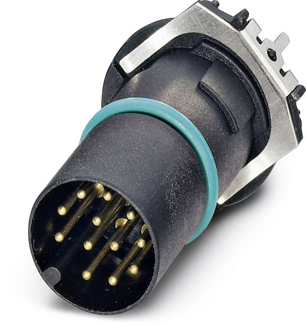 Ein schwarzer Steckverbinder mit mehreren goldenen Pins und einem grünen Dichtungsring.