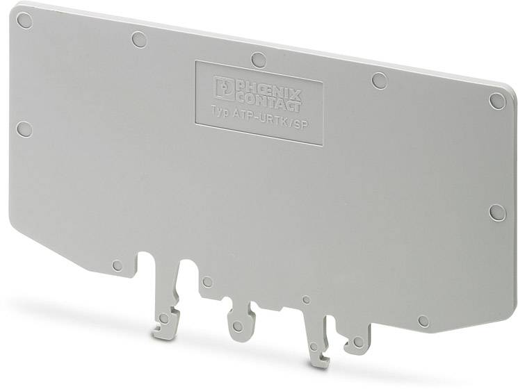 'Abdeckplatte Typ ATP-URTK/SP' von Phoenix Contact, grau, mit Befestigungsschlitzen unten.