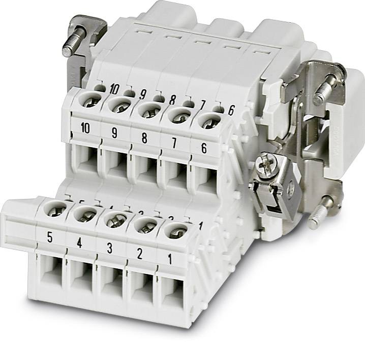 Ein weißer, nummerierter elektrischer Anschlussblock mit 10 Anschlüssen und Schraubmechanismus, zum Verbinden von Leitungen.