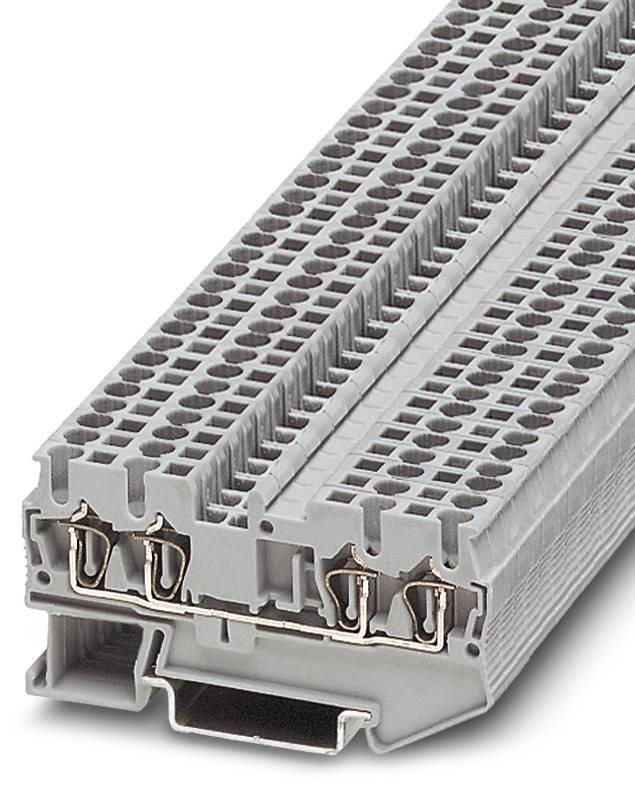 Graue Klemmenblock, mehrstöckig, mit zahlreichen Anschlussmöglichkeiten. Geeignet für elektrische Verbindungen in Schaltschränken.