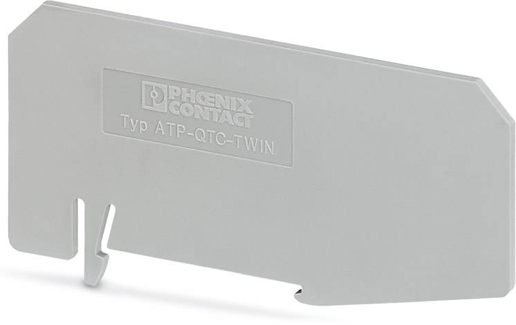 Kunststoff-Trennwand mit Aufschrift 'PHOENIX CONTACT Typ ATP-QTC-TWIN', verwendet zur elektrischen Isolation in Anschlussklemmen.