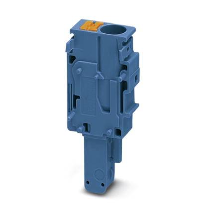 Ein blauer elektrischer Anschlussblock, vertikal orientiert, mit einem orangefarbenen Hebel oben zur Stromkreiserstellung.
