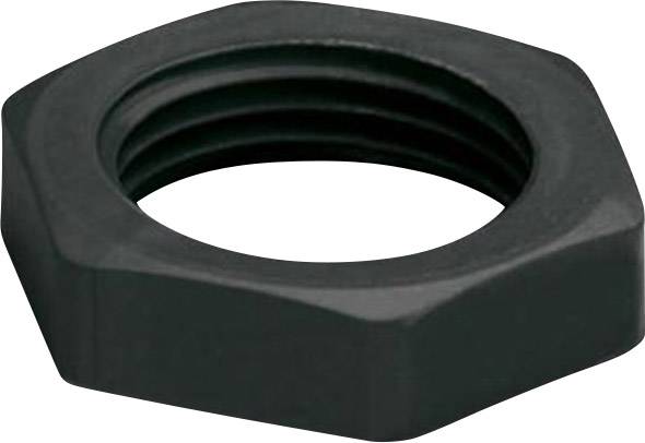 Schwarze sechseckige Mutter aus Metall, seitlich liegend. Verwendet zur Sicherung von Schrauben oder Bolzen in technischen Anwendungen.