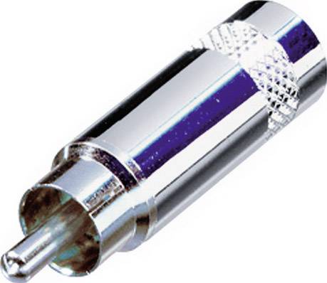 Stecker eines RCA-Kabels vor weißem Hintergrund.