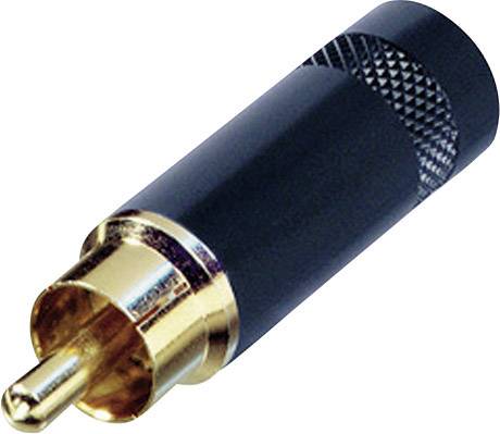 Ein schwarzer und goldfarbener RCA-Stecker, üblicherweise verwendet für Audio- und Videoverbindungen.