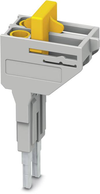 Grauer und gelber Steckverbinder mit zwei Kontakten, wahrscheinlich für elektrische Anwendungen.