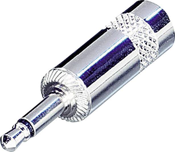 Ein einzelner Metallstecker mit geriffeltem Griff, typisch für Audio-Verbindungen, liegt auf weißem Hintergrund.