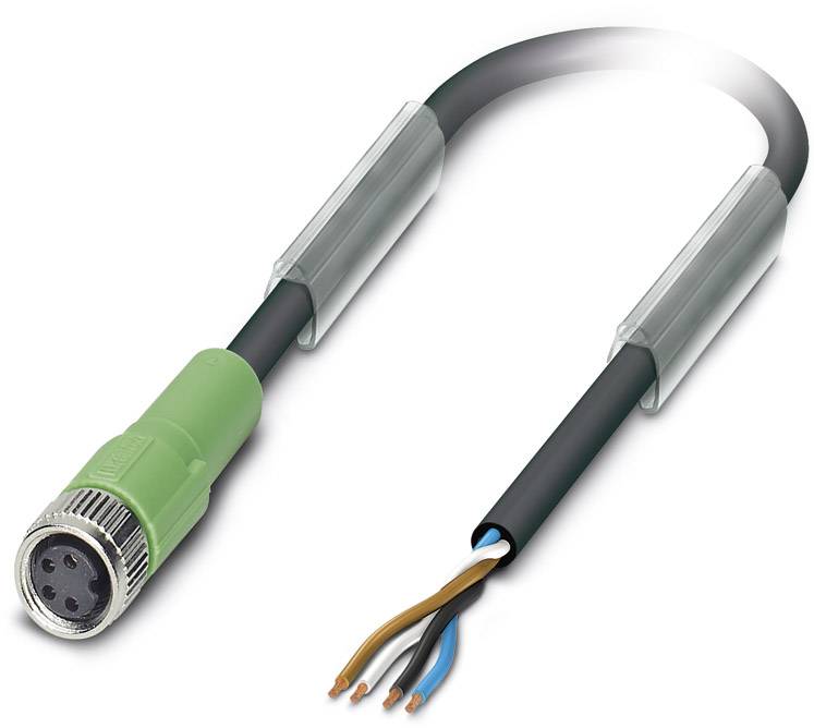 Ein schwarzes Kabel mit grünem Stecker, teilweise isoliert, endet in drei farbigen, abisolierten Drähten: blau, braun und schwarz.
