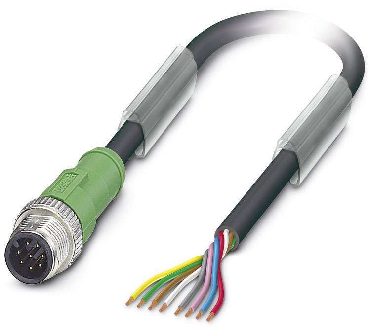 Ein offenes Kabel mit grünem Stecker und mehreren farbigen, freiliegenden Drähten am anderen Ende; Elektronik-Zubehör.