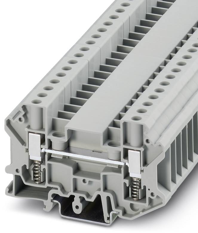 Graue Reihenklemme für den Schaltschrankbau, dargestellt mit zahlreichen Anschlussmöglichkeiten in einem modularen Design.