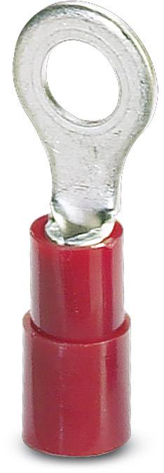 Ein roter Kabelschuh mit ringförmigem Anschluss, Metallöse oben. Verwendet zum sicheren Verbinden von Kabeln in elektrischen Schaltungen.