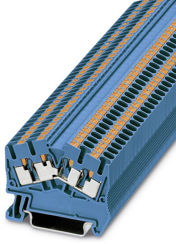 Ein blaues Reihenklemmensystem mit orangenen Leitern, das für elektrische Verbindungen in Schaltschränken verwendet wird.