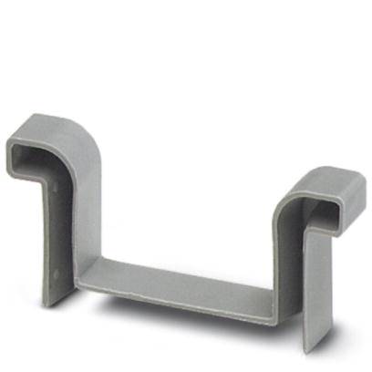 Ein graues Kunststoffteil mit zwei umgebogenen Enden bildet eine offene Klammerform. Es scheint eine Halterung oder ein Clip zu sein.