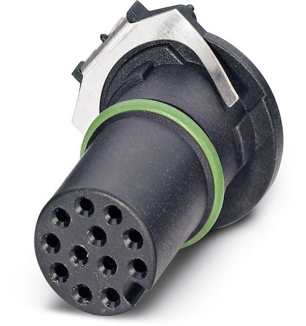 Schwarzer, mehrpoliger Rundstecker mit grünem Dichtungsring und Metallhalterung, geeignet für elektrische Verbindungen.