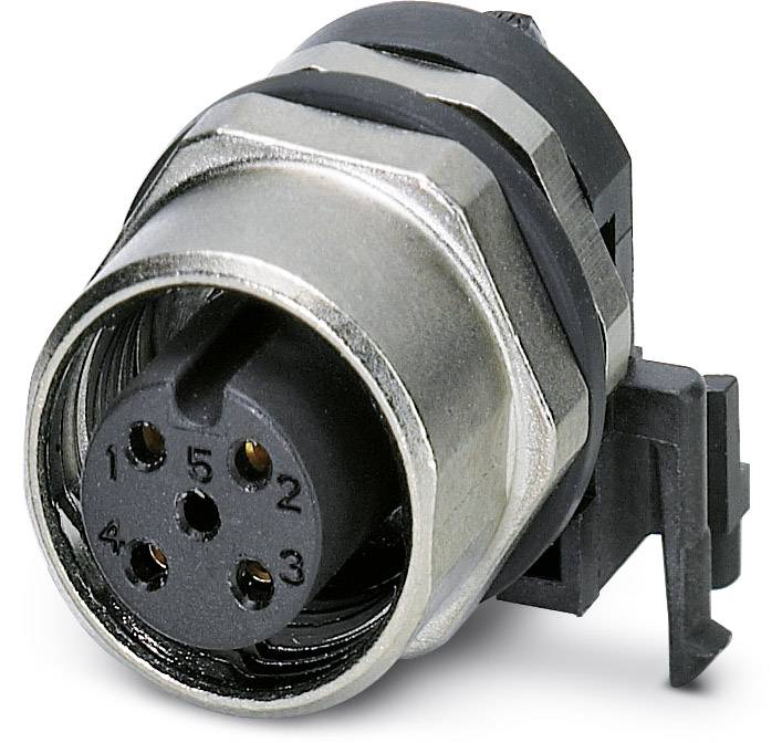 Ein fünfpinniger Rundstecker in einem Metallgehäuse mit schwarzer Befestigungshülse, verwendet für industrielle Verbindungen.