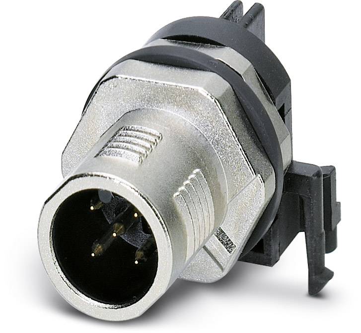 Ein silberner, runder elektrischer Steckverbinder mit mehreren Metallstiften, umgeben von schwarzem Kunststoff, vor weißem Hintergrund.