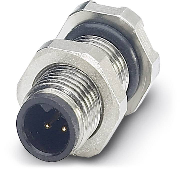 M12-Einbaustecker mit zwei vergoldeten Steckkontakten, Metallgehäuse und Gewinde, geeignet für industrielle Anwendungen.