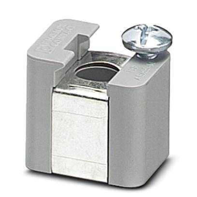 Ein grauer Kabelendverschluss mit Schraube oben, zur Befestigung von elektrischen Leitungen auf einer Schiene.