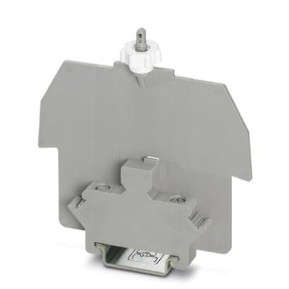Ein graues Trennelement für Reihenklemmen mit Schraubmontage oben. Es dient zur sicheren Trennung und Isolation in elektrischen Verteilungen.