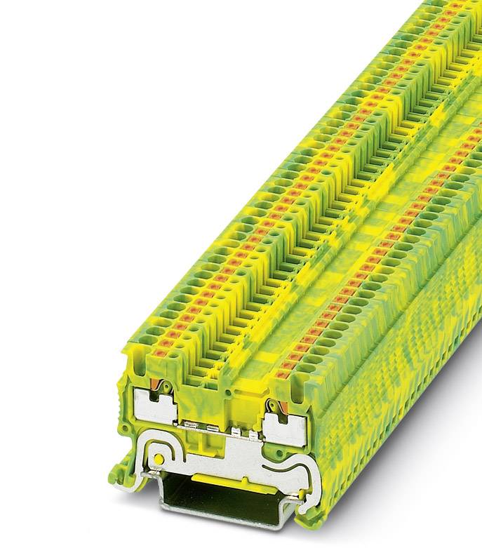 Gelb-grüner Reihenklemmenblock mit mehrstöckigen Anschlüssen für die industrielle Elektronikmontage, intensiv strukturiertes Oberflächenmuster.