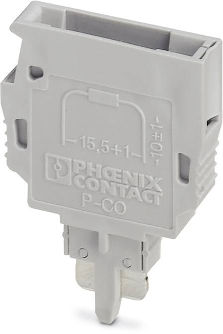 Ein graues Phoenix Contact P-CO Bauteil mit den Maßen '15,5+1', erkennbar an den Aussparungen und Markierungen auf der Vorderseite.