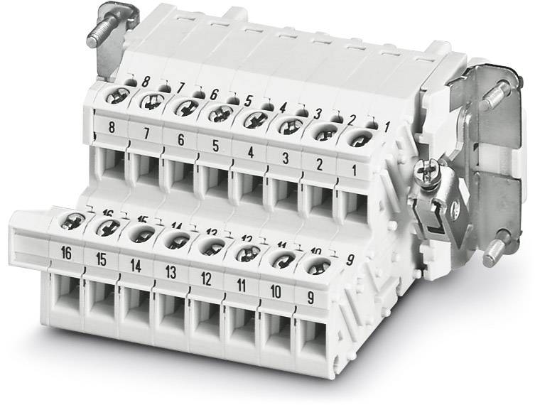Weißer elektrischer Klemmenblock mit nummerierten Anschlüssen von 1 bis 16, zeigt die Frontansicht mit Schraubverbindern und seitlichen Befestigungen.