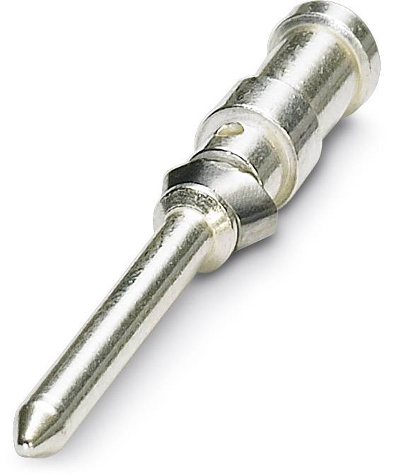 Ein silberner Metallstift mit zylindrischem Griff, möglicherweise ein elektrischer Stecker oder Verbindungselement.