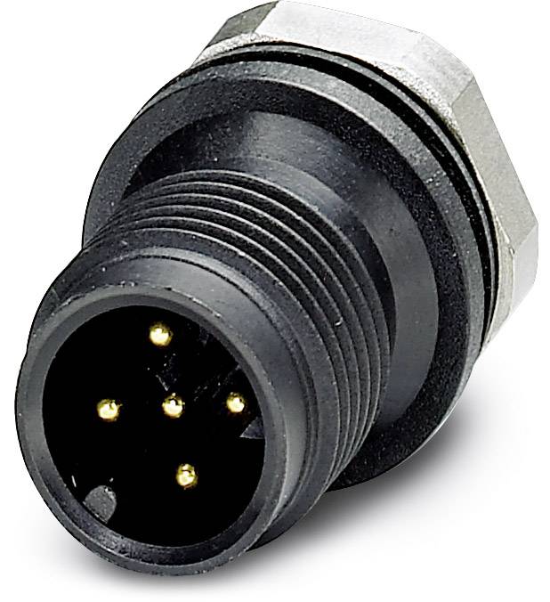 Ein schwarzer, runder Stecker mit fünf goldenen Kontakten im Innenbereich, umgeben von einem Gewinde und einer sechseckigen Mutter.