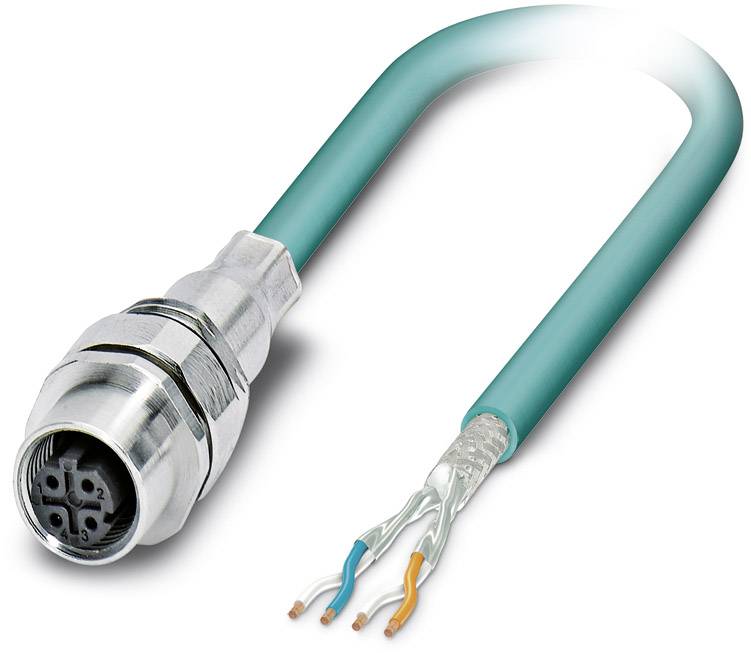 Ein grünes Ethernet-Kabel mit einem Metallstecker und offenen Enden mit freigelegten Kupferdrähten, geeignet für Industrieanwendungen.