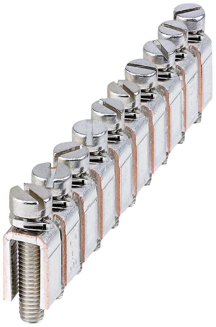 Reihenklemme mit mehreren Schraubverbindungen aus Metall, geeignet zum Anschluss elektrischer Leitungen, perspektivisch von oben fotografiert.