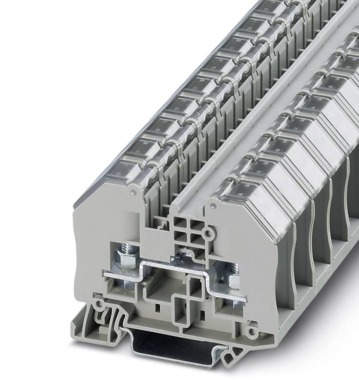 Ein grauer Reihenklemmenblock mit transparentem Deckel, in einem Winkel dargestellt, zeigt mehrere Klemmeinheiten für elektrische Verbindungen.