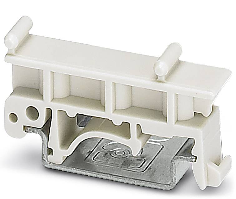 Kunststoff-Durchgangsverbinder in cremeweiß mit seitlichem Kontaktelement, verwendet zum elektrischen Verbinden von Leitungen.