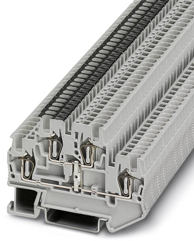 Grau-weißer elektrischer Klemmblock mit mehreren Anschlussklemmen für Verdrahtungszwecke, seitliche Ansicht.