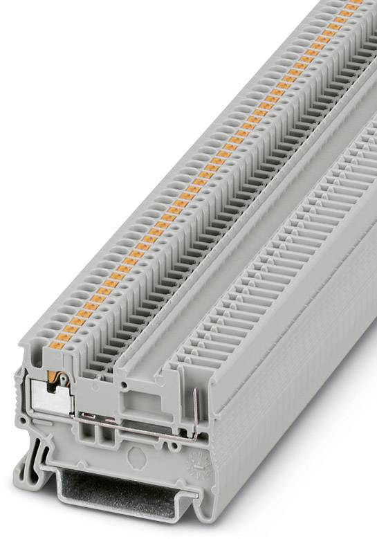 Ein graues Reihenklemme-Modul mit orangefarbenen Kontakten, verwendet in der elektrischen Verdrahtung zur sicheren Verbindung von Drähten.