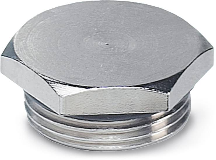 Silberner, sechseckiger Metallstopfen mit Gewinde, hauptsächlich für den Gebrauch in mechanischen oder hydraulischen Systemen vorgesehen.