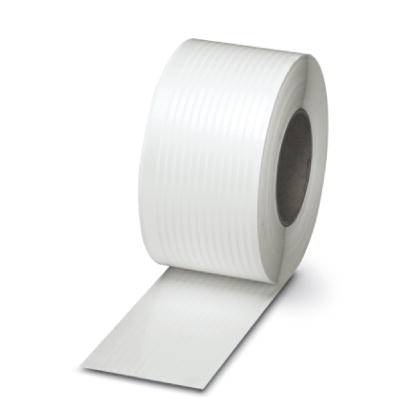 Eine Rolle weißes Klebeband, teilweise entrollt, auf einem neutralen Hintergrund.