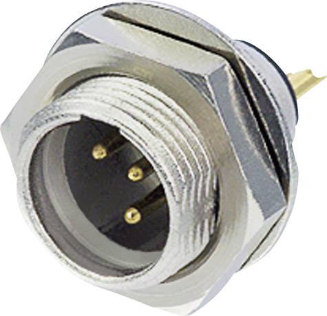 Rundes Metallsteckverbindergehäuse mit drei goldenen Stiften in der Mitte, geeignet für elektronische Verbindungen.